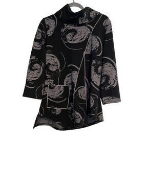 Feratelli Women's L Black Gray Tunic Top Pullover Cowl Neck Abstract Lagenlook